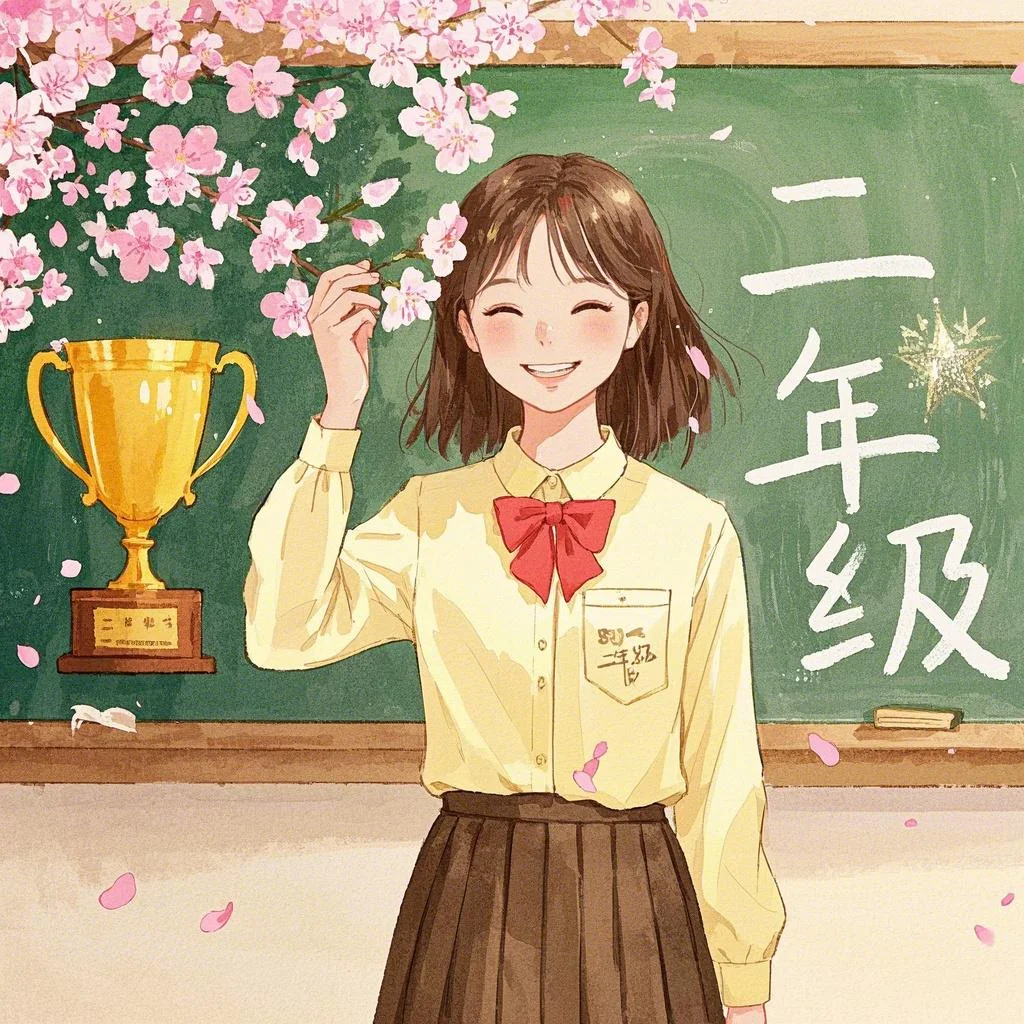 微笑教师形象手持“二年级”，黑板背景嵌入学霸奖杯和五角星，柔和水彩质感搭配嫩黄色主色调，人物发梢飘落樱花花瓣，宫崎骏风格_2025-03-08_1024x1024_8.png